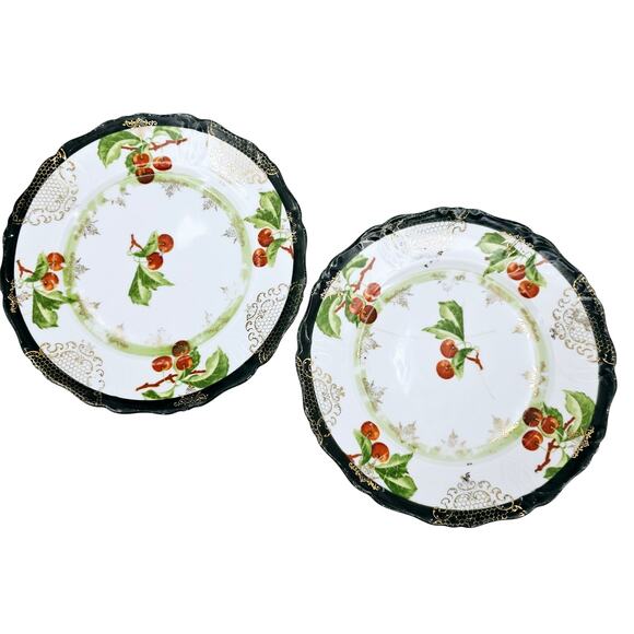 2 Prussia Royal Rudolstadt Porcelain Small Plates Cherries Pattern Green Mark 6" - Picture 1 of 8